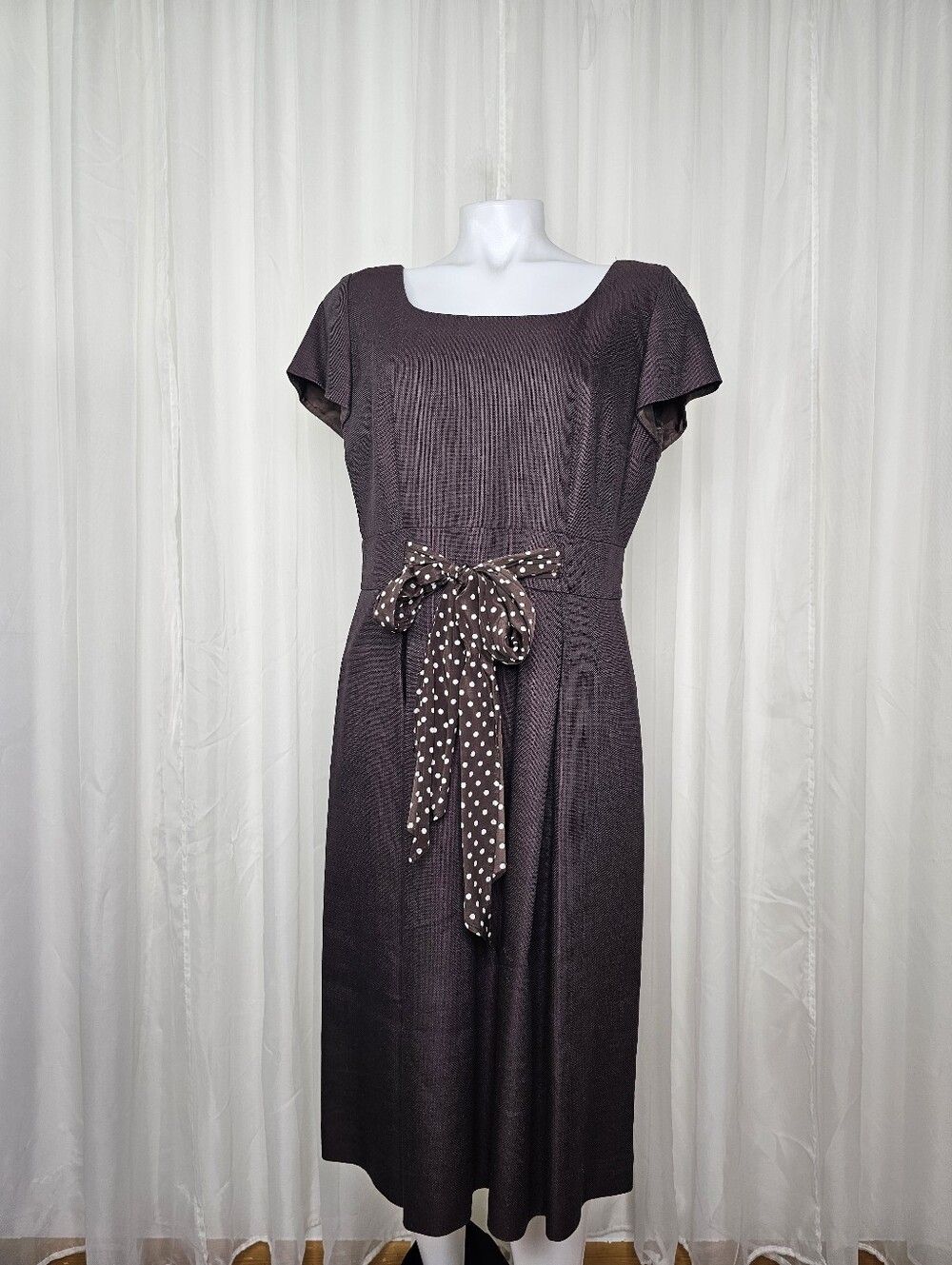 Talbots Chocolate Brown Silk Blend Sheath Midi Dress with Polka Dot Bow Sash 12 - Picture 5 of 11